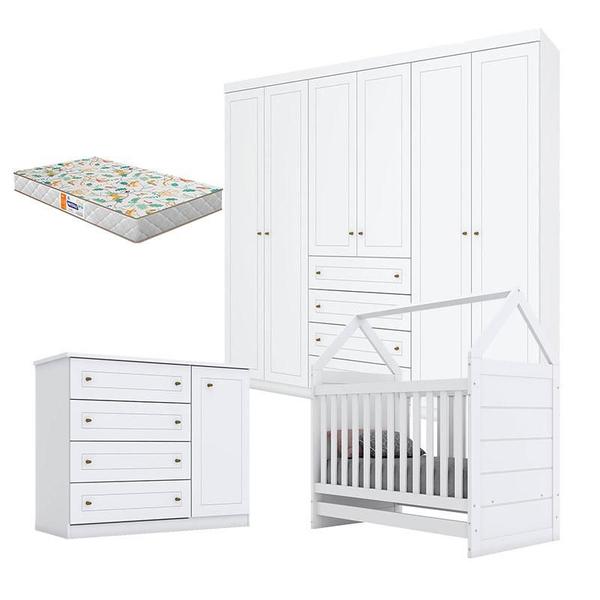 Imagem de Quarto de Bebê Mississipi 6 Portas com Berço Montessoriano Branco HP e Colchão Gazin - Henn