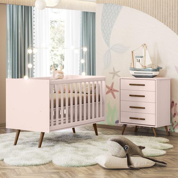 Imagem de Quarto de Bebê Qencanto Retrô com Cômoda 4335 e Berço 3820 Qmovi Rosa Acetinado