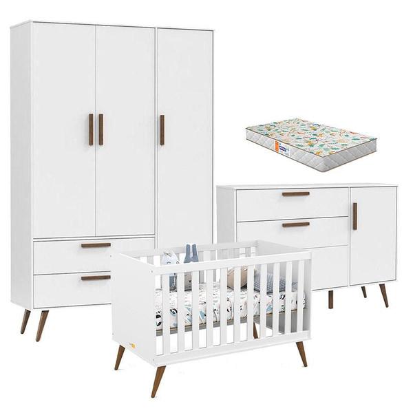 Imagem de Quarto de Bebê Retrô 3 Portas com Berço Retrô Gold Branco Soft Eco Wood com Colchão Gazin - Matic 