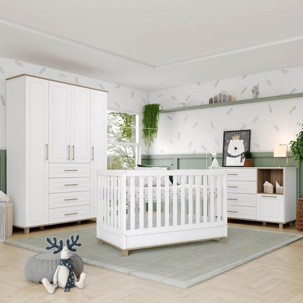 Imagem de Quarto de Bebê Retrô com Berço 100% MDF Guarda Roupa 4 Portas e 4 Gavetas e Cômoda Zoe Yescasa Branco/Nature