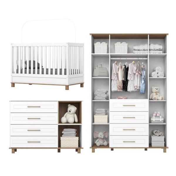 Imagem de Quarto de Bebê Retrô com Berço 100% MDF Guarda Roupa 4 Portas e 4 Gavetas e Cômoda Zoe Yescasa Branco/Nature