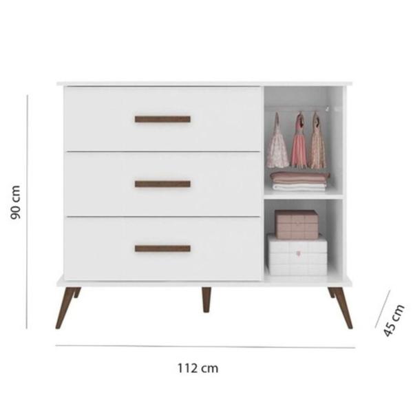 Imagem de Quarto de Bebê Retrô Completo  Roupeiro, Cômoda e Berço Mini Cama + Colchão - Branco