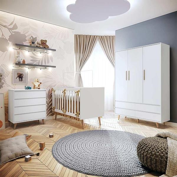 Imagem de Quarto de Bebê Retrô Guarda Roupa 3 Portas Lorena Cômoda Infantil Berço 3 em 1 Ludmila Branco Carolina Baby