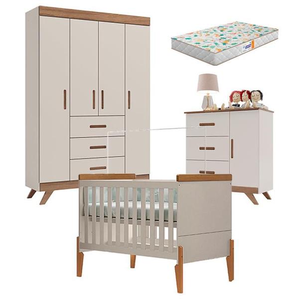 Imagem de Quarto de Bebê Retro Maya e Berço Americano Emilly Off White Carvalho com Colchão Gazin - Canaã