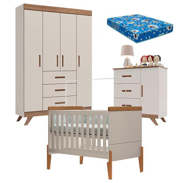 Imagem de Quarto de Bebê Retro Maya e Berço Americano Emilly Off White Carvalho com Colchão Ortobom - Canaã