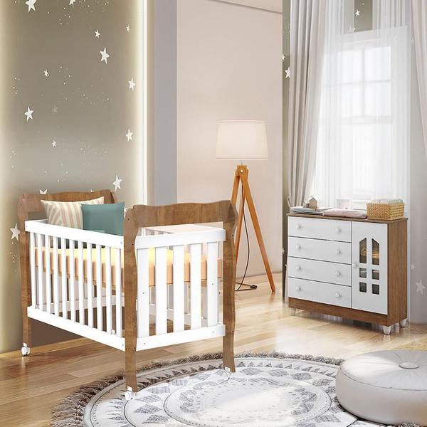 Imagem de Quarto de Bebê Selena Berço 3 em 1 Lila Cômoda Infantil com Porta Branco Amadeirado Carolina Baby