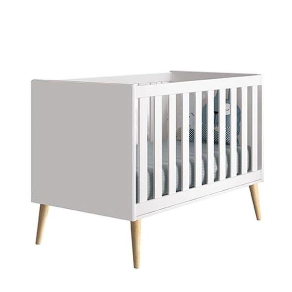 Imagem de Quarto De Bebê Theo 2 Portas Com Colchão Branco Acetinado Pés Madeira Natural - Reller