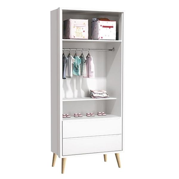 Imagem de Quarto de Bebê Theo 2 Portas com Colchão e Cômoda Gaveteiro Branco Acetinado Pés Madeira Natural - Reller