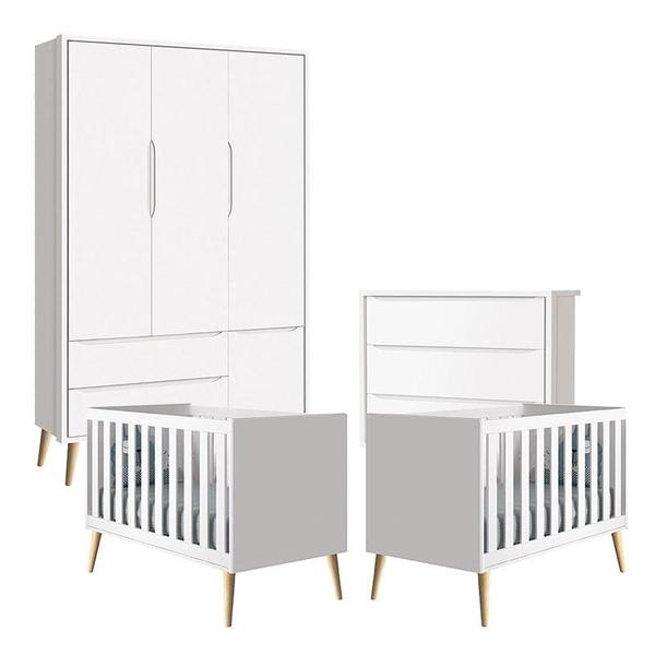 Imagem de Quarto de Bebê Theo 3 Portas com 02 Berços e Cômoda Gaveteiro Branco Acetinado Pés Madeira Natural - Reller