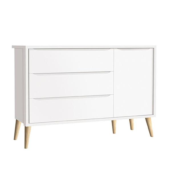 Imagem de Quarto de Bebê Theo 3 Portas com Colchão e Cômoda Branco Acetinado Pés Madeira Natural - Reller