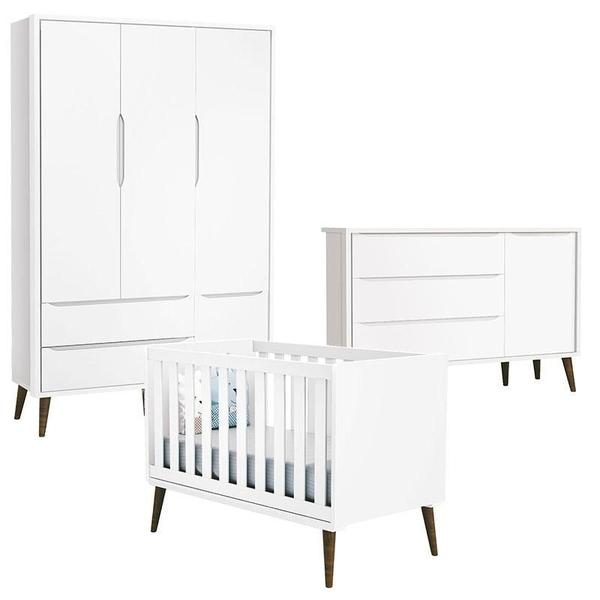 Imagem de Quarto de Bebê Theo 3 Portas com Cômoda com Porta Branco Acetinado com Pés Amadeirado - Reller