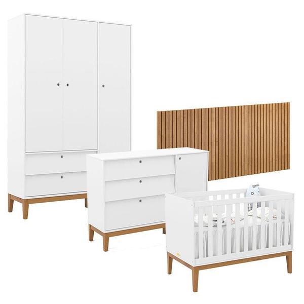 Imagem de Quarto de Bebê Unique 3 Portas com Cômoda Sapateira e Painel Ripado Branco Soft Eco Wood - Matic