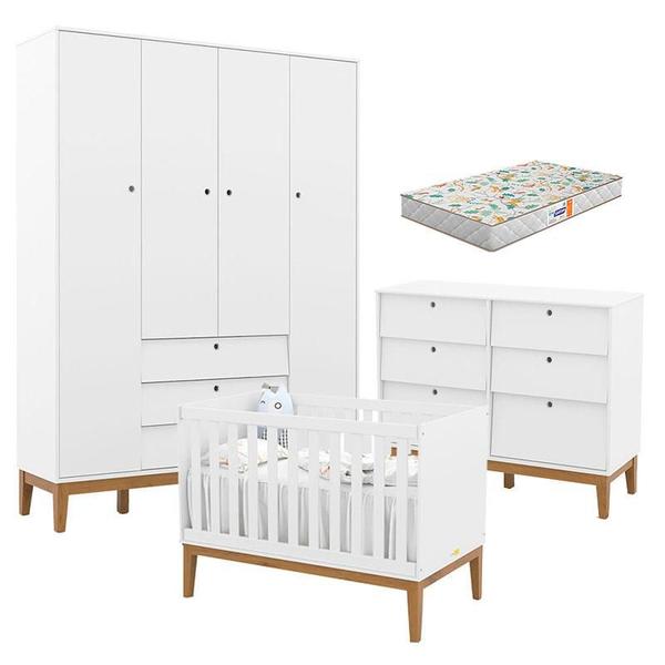 Imagem de Quarto de Bebe Unique 4 Portas com Cômoda 6 Gavetas Branco Soft Eco Wood e Colchão Gazin - Matic