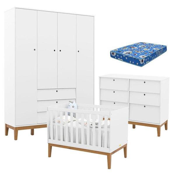 Imagem de Quarto de Bebe Unique 4 Portas com Cômoda 6 Gavetas Branco Soft Eco Wood e Colchão Ortobom - Matic