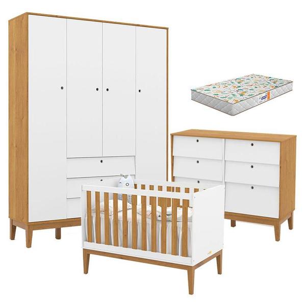 Imagem de Quarto de Bebe Unique 4 Portas com Cômoda 6 Gavetas Branco Soft Freijó Eco Wood e Colchão Gazin - Matic