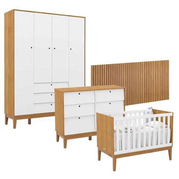 Imagem de Quarto de Bebê Unique 4 Portas com Cômoda 6 Gavetas e Painel Ripado Freijó Branco Soft Eco Wood - Matic