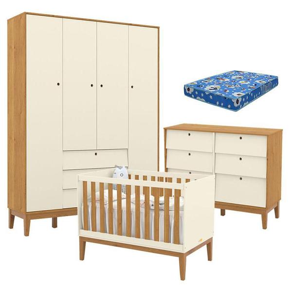 Imagem de Quarto de Bebe Unique 4 Portas com Cômoda 6 Gavetas Off White Freijó Eco Wood e Colchão Ortobom - Matic