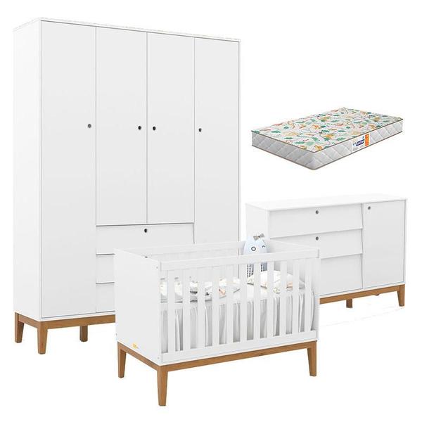 Imagem de Quarto de Bebe Unique 4 Portas com Cômoda Sapateira Branco Soft Eco Wood e Colchão Gazin - Matic