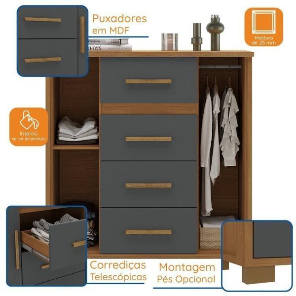 Imagem de Quarto de Casal Completo Guarda Roupa 6 Portas 3 Gavetas com Cômoda Cinamomo/Chumbo