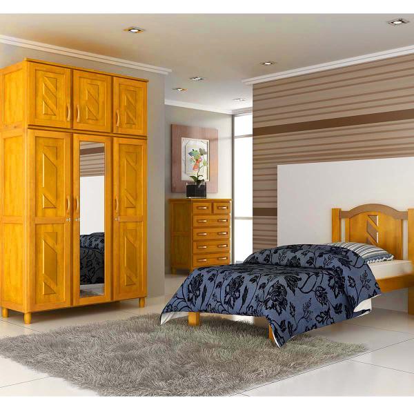 Imagem de Quarto de Solteiro Grécia: Guarda-Roupa 6 Portas Espelho Cama Cômoda 6 Gavetas Madeira Pinus Mel - Cavazotto