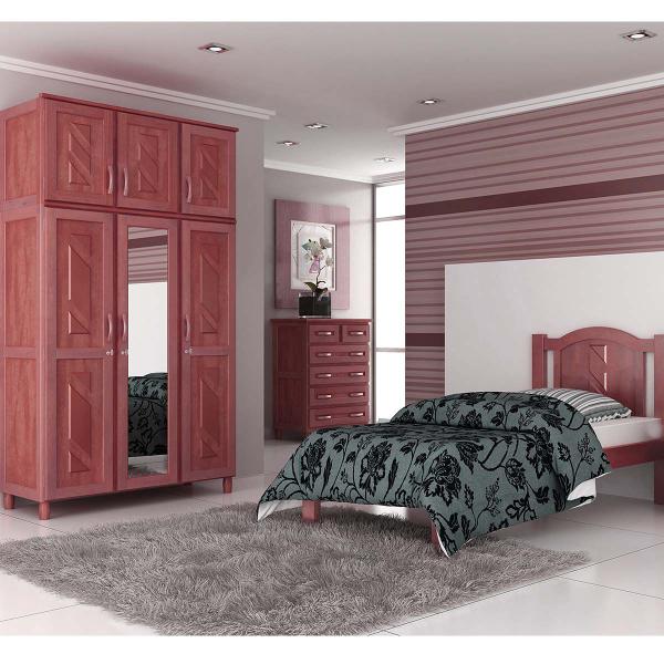 Imagem de Quarto de Solteiro Grécia: Guarda-Roupa 6 Portas Espelho Cama Cômoda 6 Gavetas Madeira Pinus Mogno Fosco - Cavazotto