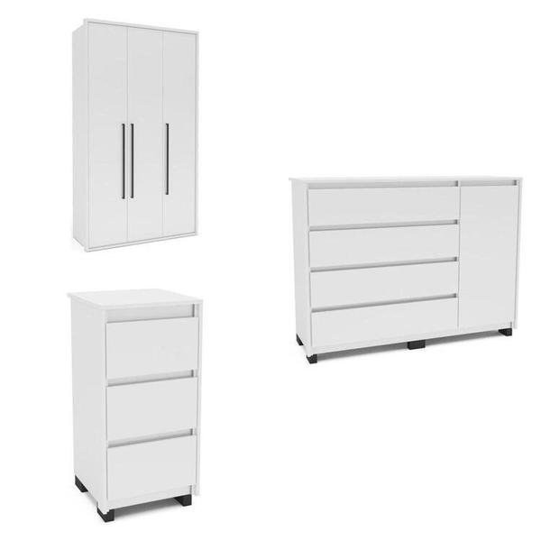 Imagem de Quarto Guarda-Roupa 3 Portas Cômoda 4 Gavetas 1 Porta Mesa de Cabeceira 3 Gavetas Branco