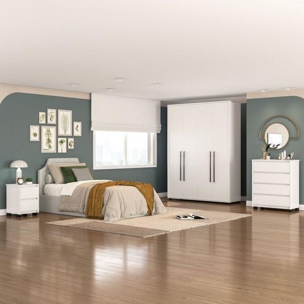 Imagem de Quarto Guarda-Roupa 4 Portas Cômoda 4 Gavetas 1 Mesa de Cabeceira 2 Gavetas Branco