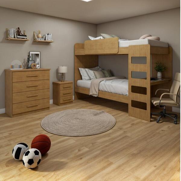 Imagem de Quarto Infantil Beliche Olga com Cômoda e Mesa de Cabeceira Baião Amêndoa Clean