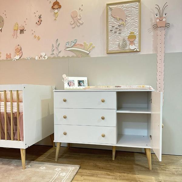 Imagem de Quarto Infantil Berço Americano com Cômoda Grande em MDF 3 gavetas 1 porta Linha Retrô - Quater