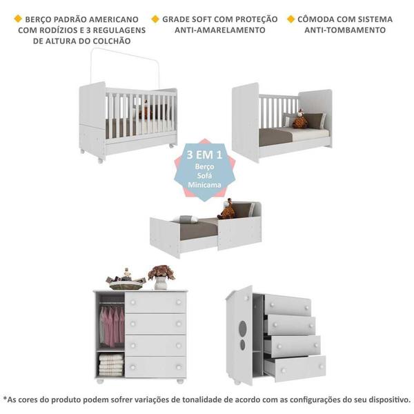 Imagem de Quarto Infantil Berço com Colchão Incluso e Cômoda Pimpolho Multimóveis Branco