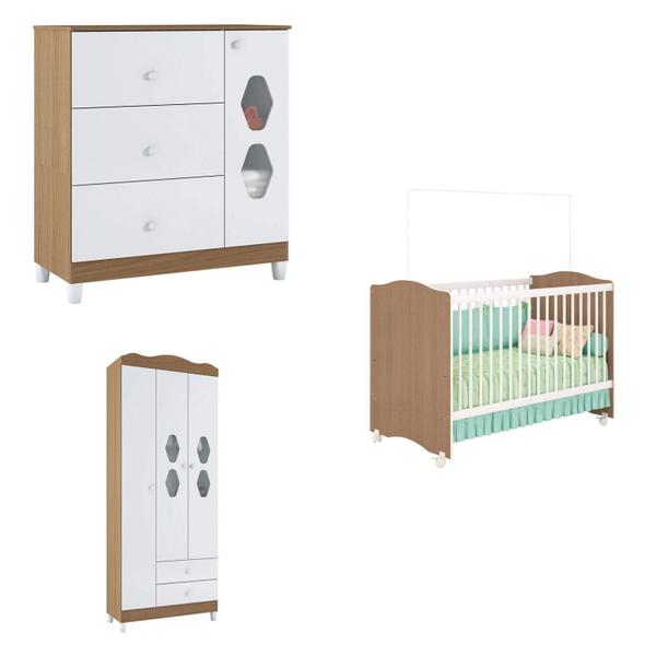 Imagem de Quarto Infantil Berço, Cômoda e Guarda Roupa Lolly 3 Portas Branco / Almendra