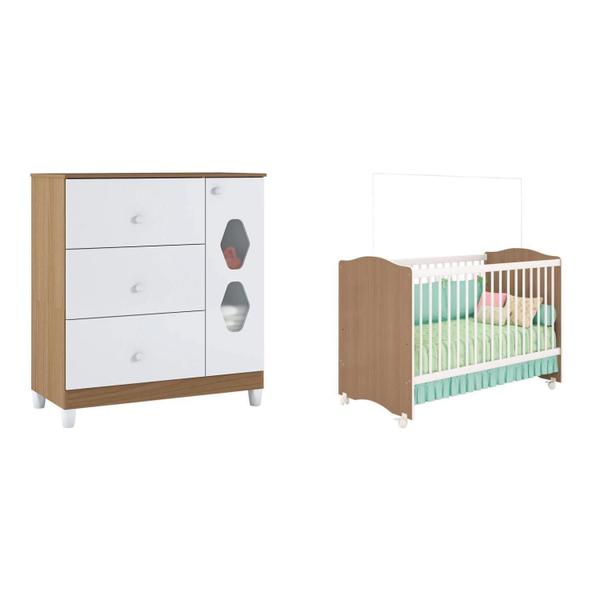 Imagem de Quarto Infantil Berço Mini Cama e Cômoda Lolly Branco / Almendra