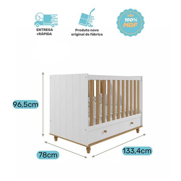 Imagem de Quarto Infantil Berço sem Colchão + Comoda Branco/Nature - Permóbili Baby