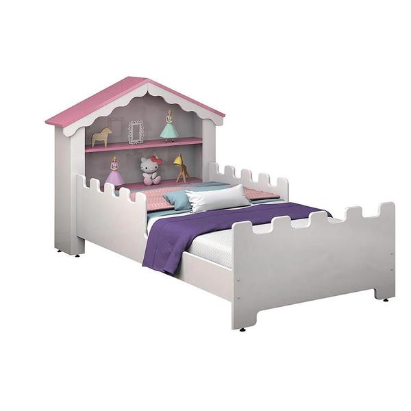 Imagem de Quarto Infantil Castelo Estante + Cama + Colchão Branco/Rosa