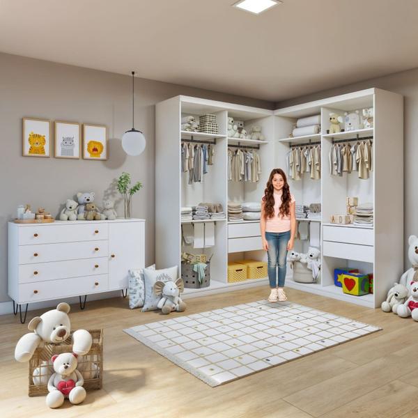 Imagem de Quarto Infantil Closet Modulado Premium 2 Módulos Seraphina 276cm com Cômoda 129,5cm 1 Porta 4 Gavetas Minastex