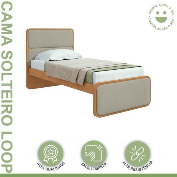 Imagem de Quarto Infantil com 2 Camas Solteiro Loop Tecido Boucle e Mesa de Cabeceira 2 Gavetas Loop Amendoa Clean/Salvia