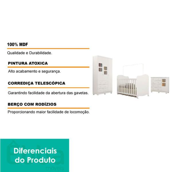 Imagem de Quarto Infantil com Berço Americano, Cômoda 4 gavetas e Roupeiro 3 Portas com Janela Peroba Branco