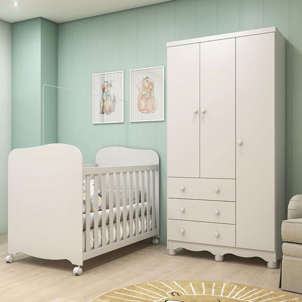 Imagem de Quarto Infantil com Berço Americano Uli e Guarda Roupa 3 Portas 3 Gavetas Junior Móveis Peroba Branco