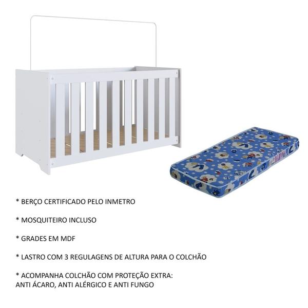 Imagem de  Quarto Infantil com Berço Colchão e Cômoda Branca Aconchego Completa Móveis