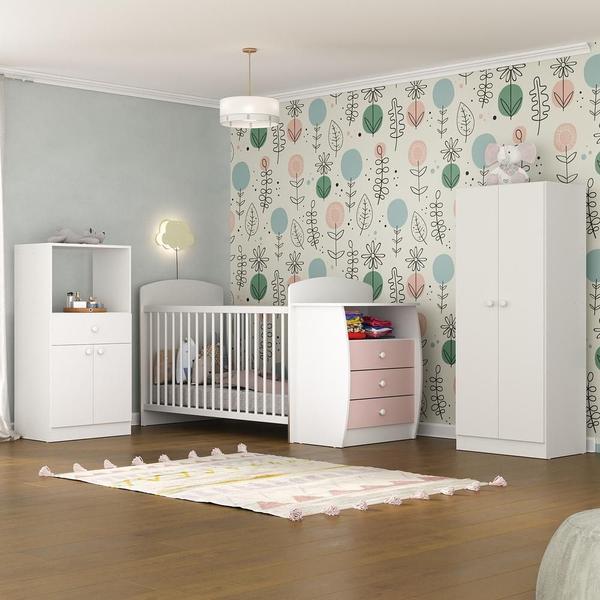 Imagem de Quarto Infantil com Berço-Cômoda e Colchão Incluso Laura Multimóveis Branco/Rosa