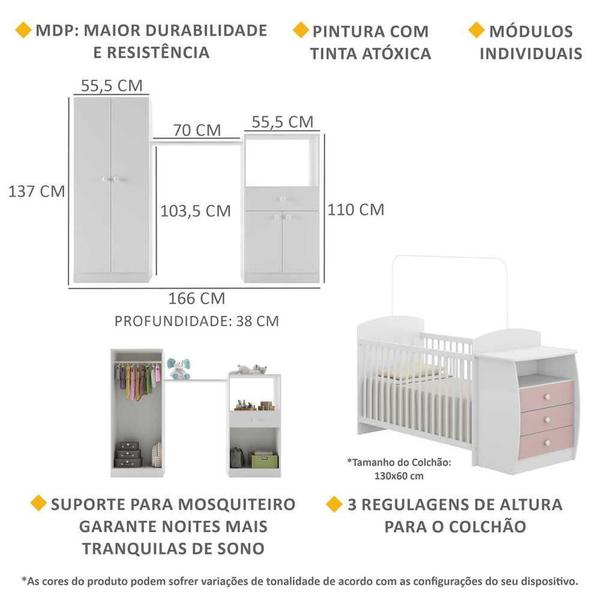 Imagem de Quarto Infantil com Berço-Cômoda Laura Multimóveis Branco/Rosa