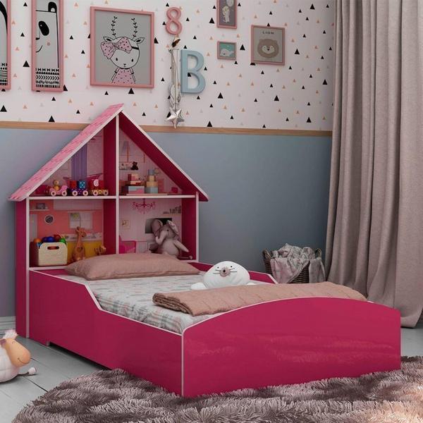 Imagem de Quarto Infantil com Cama e Guarda Roupa Casinha Gelius Móveis Pink Ploc/Branco