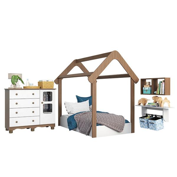 Imagem de Quarto Infantil com Cama Montessoriana, Cômoda 4 gavetas, Prateleira com suporte e Nichos Branco Brilho/Carvalho