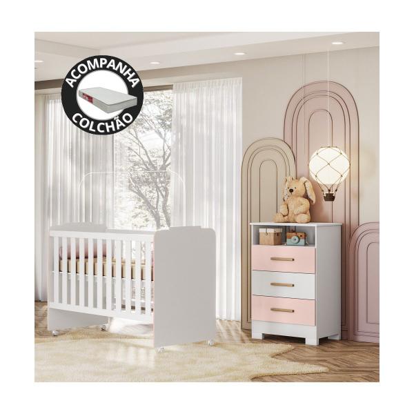 Imagem de Quarto Infantil com Colchão, Berço e Cômoda Branco Rosa