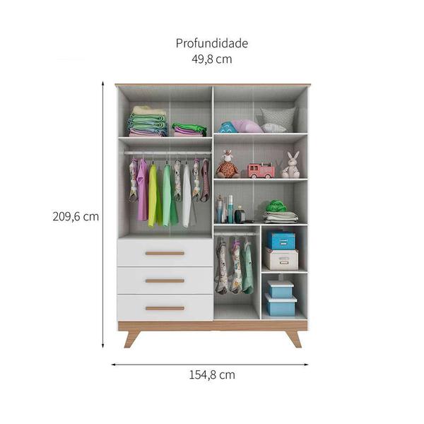 Imagem de Quarto Infantil com Colchão D20 (12x148x68) Retrô 4 PT 3 GV Branco e Carvalho