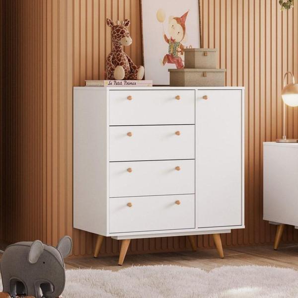 Imagem de Quarto Infantil com Cômoda, Guarda Roupa e Mesa de Cabeceira Retrô Luna Branco