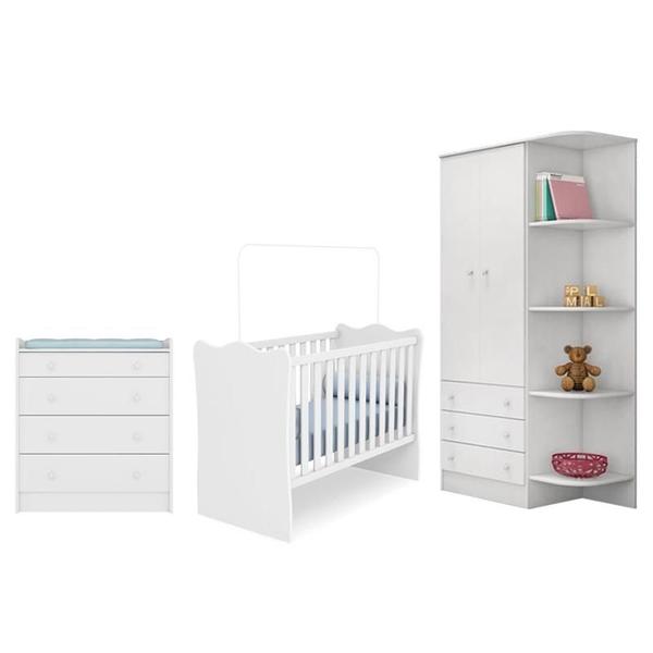 Imagem de Quarto Infantil com Guarda Roupa 2 Portas 3 Gavetas com Cantoneira, Berço e Cômoda Trocador Doce Sonho Branco - Qmovi