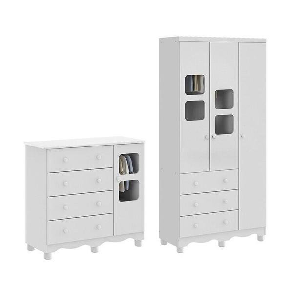 Imagem de Quarto Infantil com Guarda Roupa 3 Portas e Cômoda 1 Porta com Janelas Mimo 100% Mdf Espresso Móveis Branco Brilho