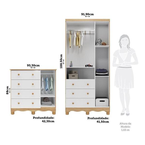 Imagem de Quarto Infantil com Guarda-Roupa 3 Portas e Cômoda com Janelas 100% MDF Lana Espresso Móveis Branco Brilho/Amêndoa