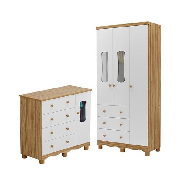 Imagem de Quarto Infantil com Guarda-Roupa 3 Portas e Cômoda com Janelas 100% MDF Lana Espresso Móveis Branco Brilho/Amêndoa